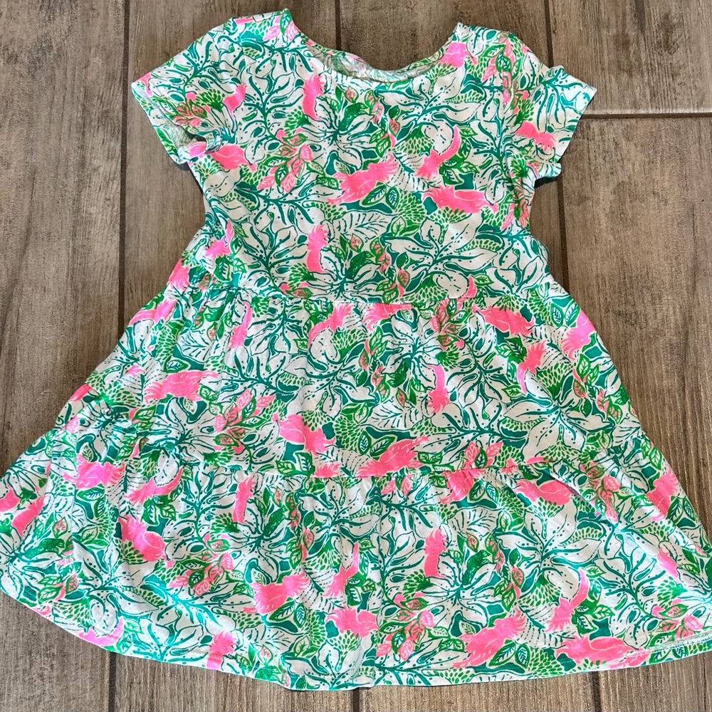 Lilly Pulitzer girls Pink & Green Floral Tiered Short Sleeve Dress